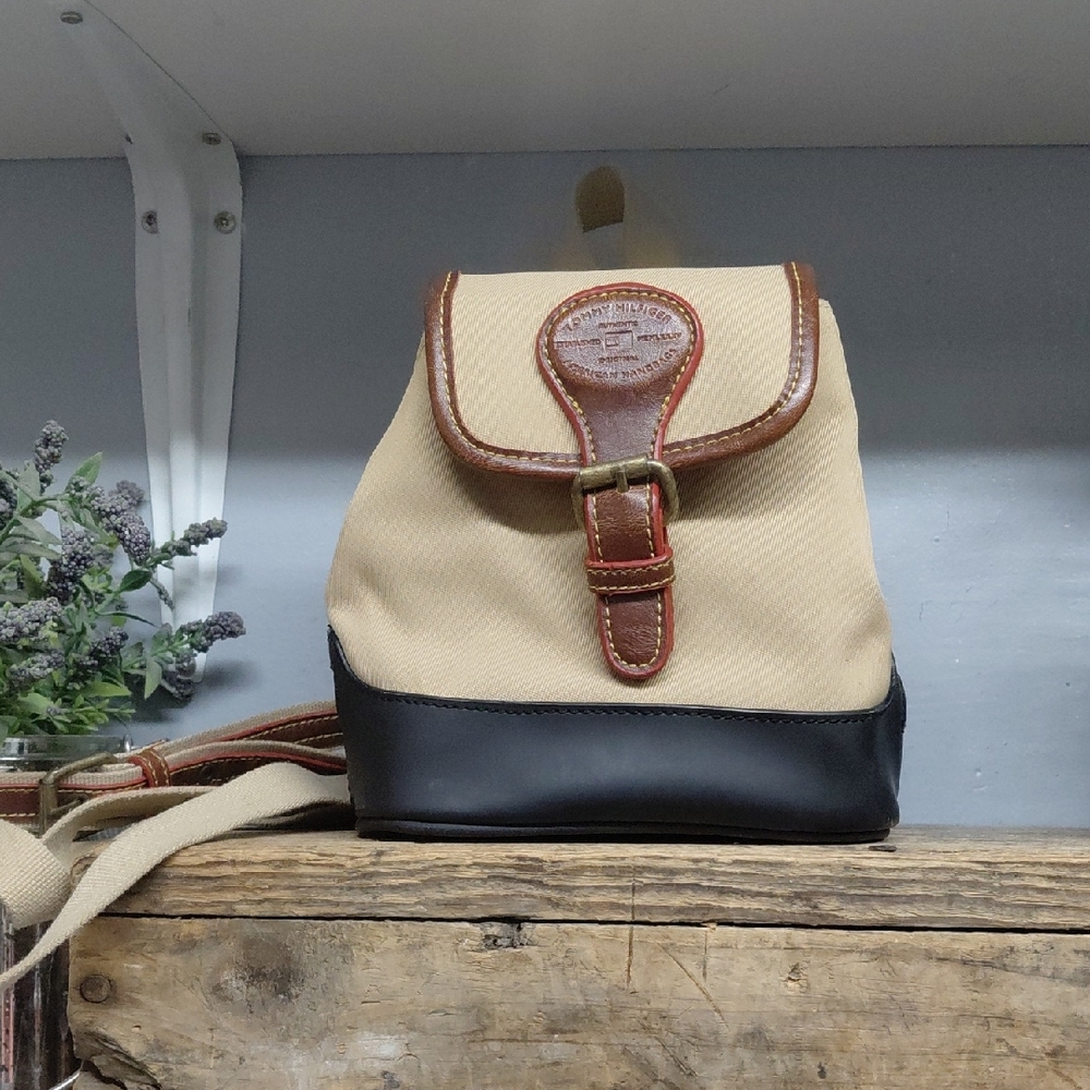 Tommy Hilfiger Beige Canvas and Brown Leather Accent Backpack